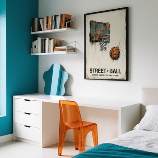 Paint-splatter streetball wall art print with floating basketball and negative space