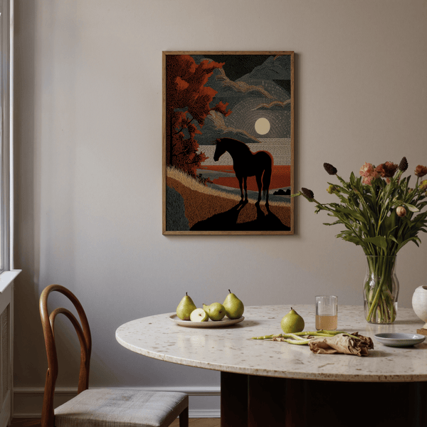 Horse Silhouette Art Print leaned on shelf beside neutral ceramics