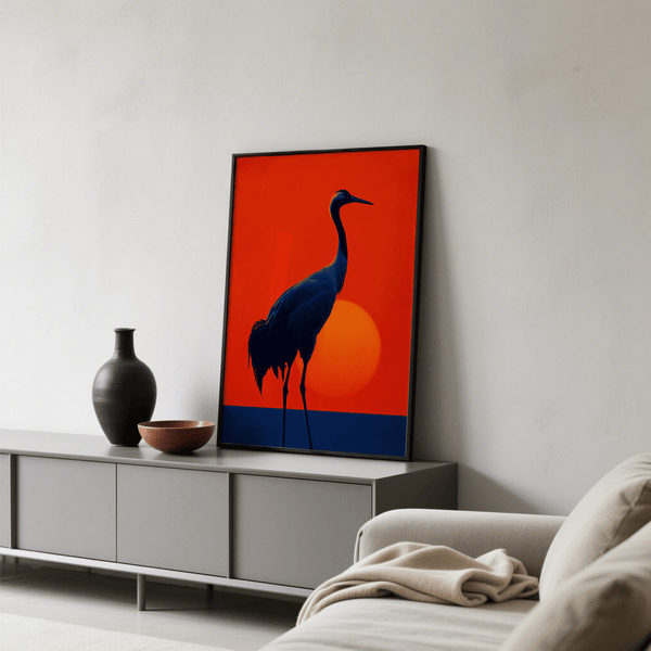 Cranes Silhouette Art Print detailed with blue and yellow for office walls
