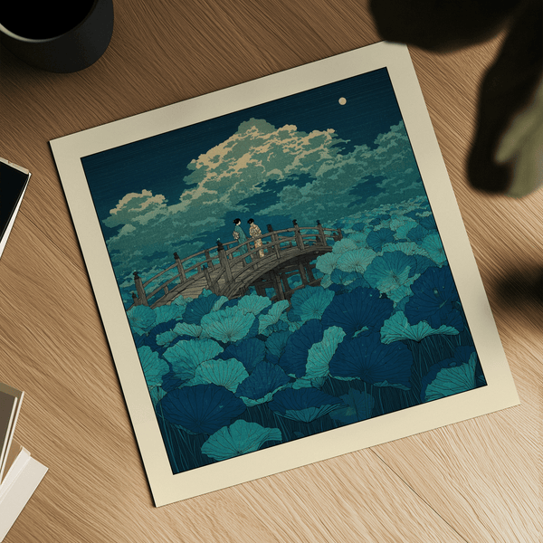 Woodblock-style lotus pond print with large cloud mass and small figures