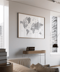 World Map Art wall art in Gray and White tones for living room