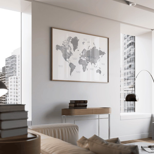 World Map Art wall art in Gray and White tones for living room