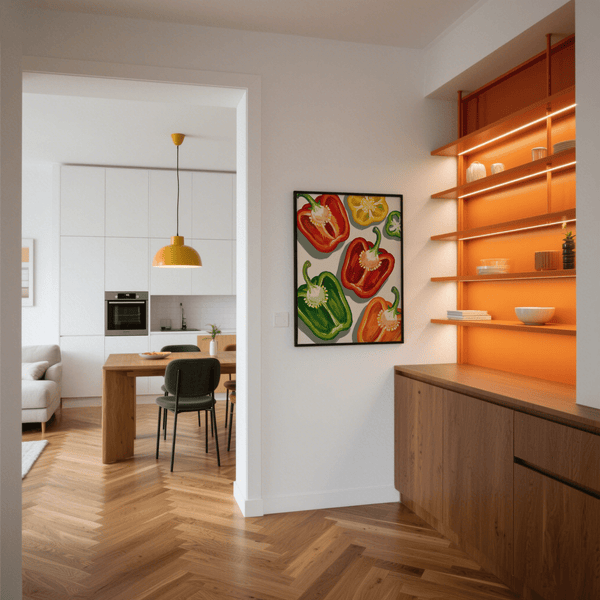 Dining space with Colorful Bell Pepper Print showcasing vibrant multicolored peppers