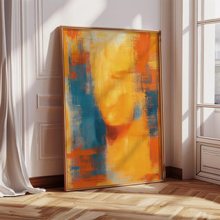 Warm-toned blue and orange abstract art with soft textures in a minimalist style.