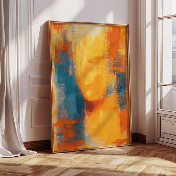Warm-toned blue and orange abstract art with soft textures in a minimalist style.
