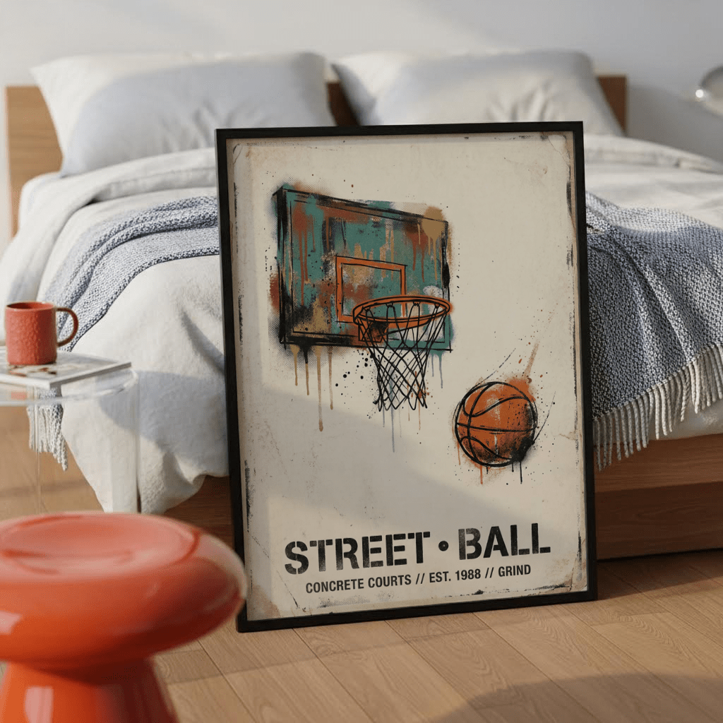 Poster-style Street Basketball Art Print featuring rim and net above “STREET•BALL” lettering