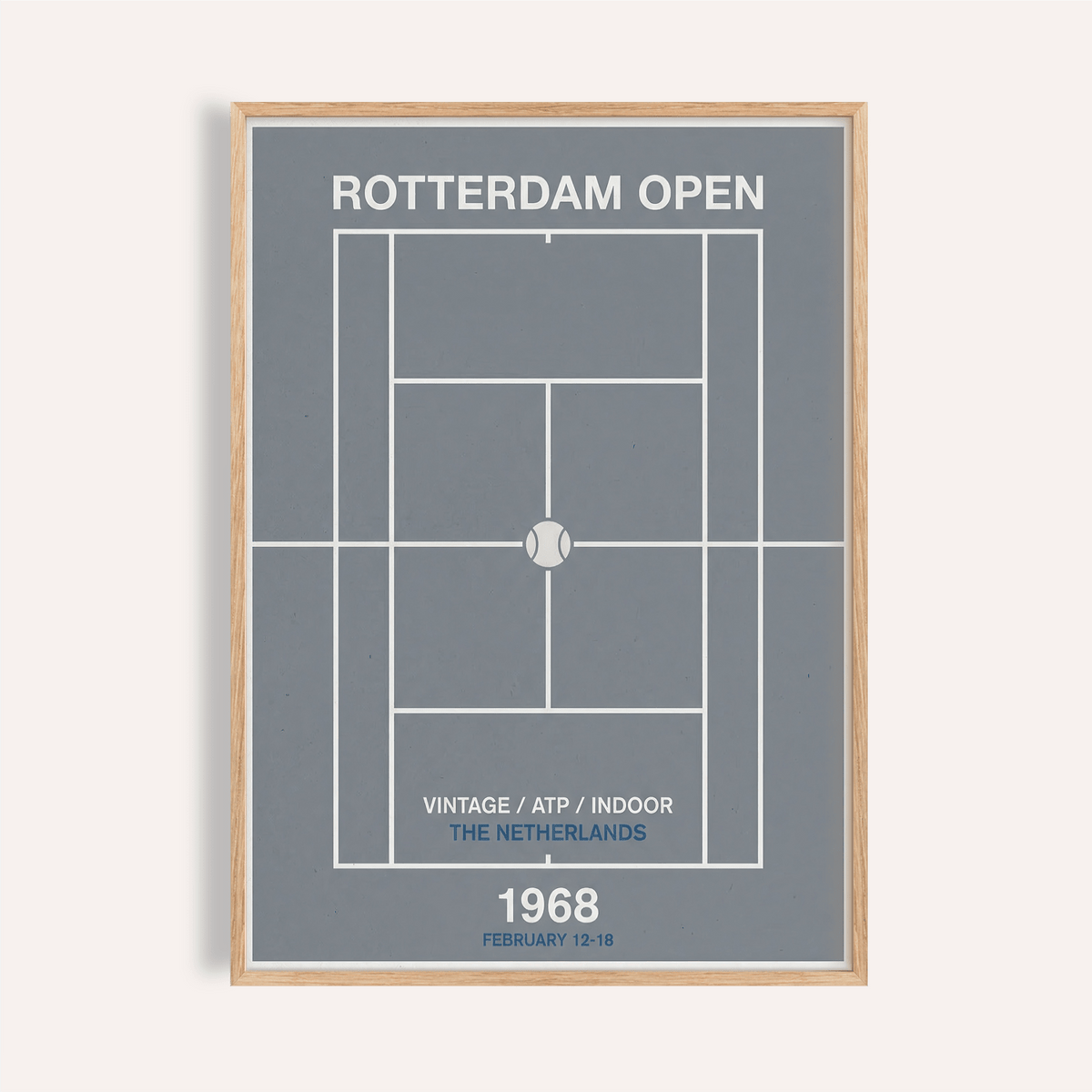 Rotterdam Open Poster showing minimalist tennis court lines and 1968 date