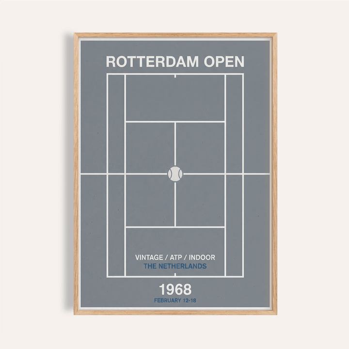 Rotterdam Open Poster showing minimalist tennis court lines and 1968 date