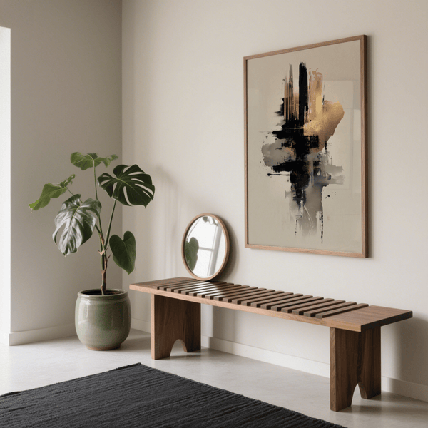 Minimalist Gold and Black Poster art, showing beige, gold, and black for contemporary wall art