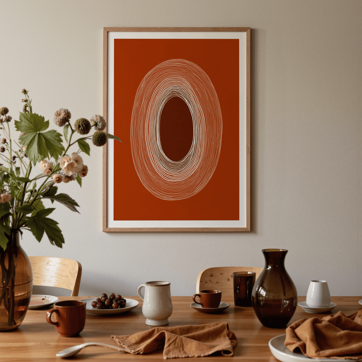 Curved line geometry art print in Brown, Orange, Beige, and White