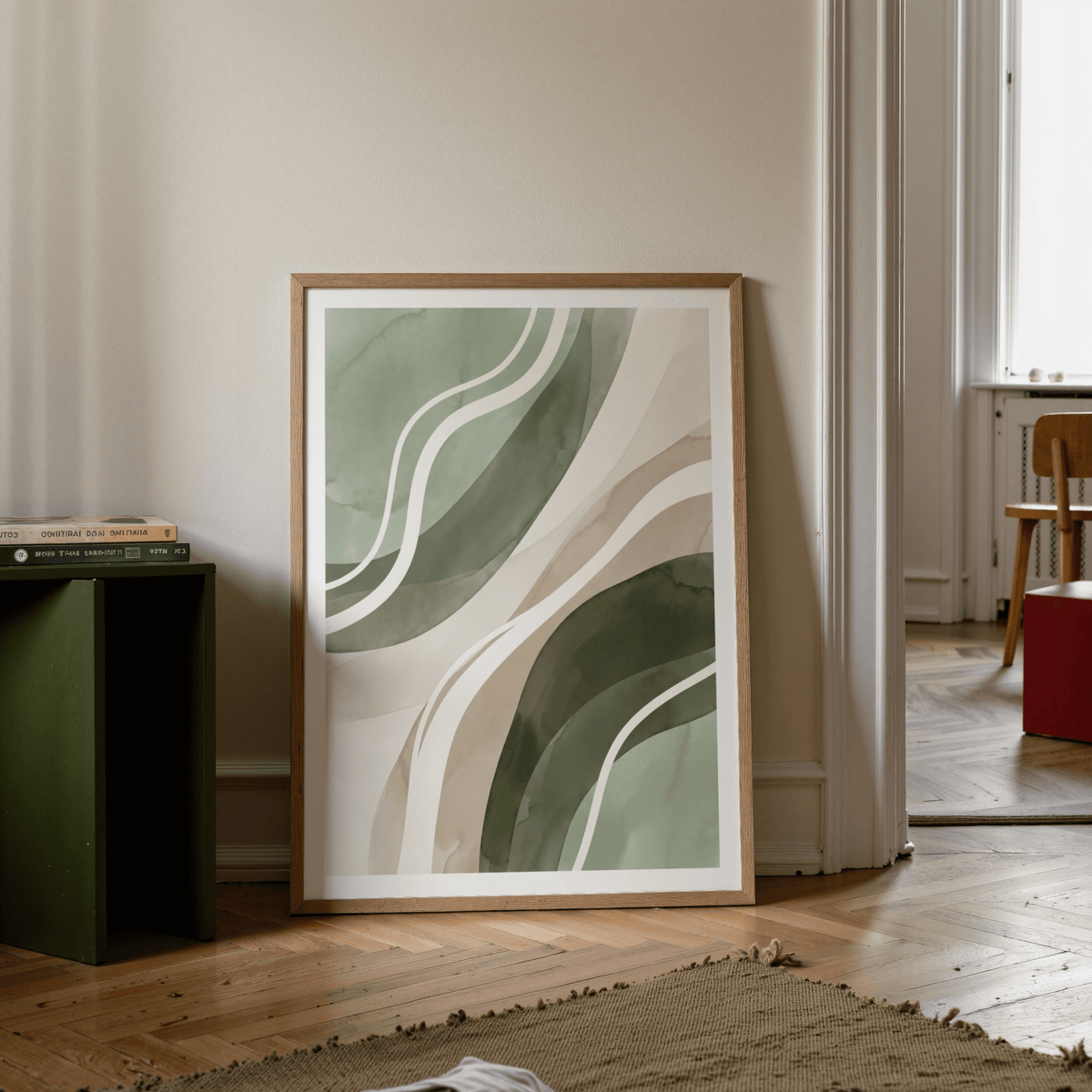 Minimalist Green Abstract Print green beige white hallway poster