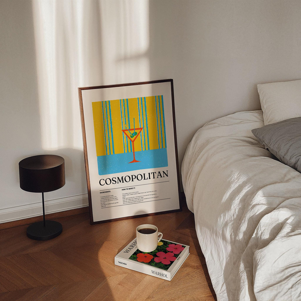 Graphic Cosmopolitan recipe poster ideal for kitchen or bar decor.