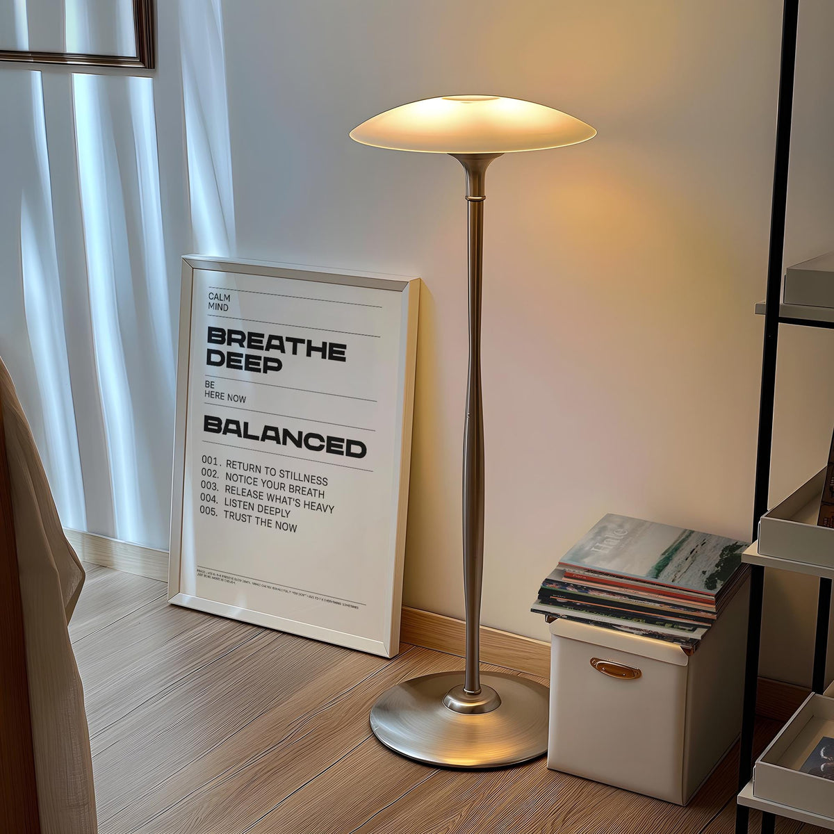 Bold minimalist typography encouraging calm, grounded living.