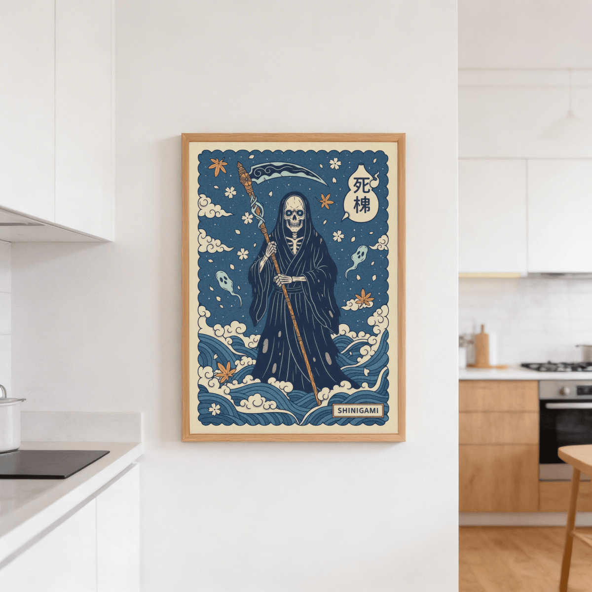 Stylized Shinigami Art Print showing robed skeleton above layered waves