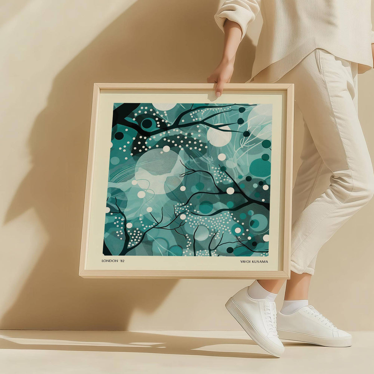 Peaceful living room styled with teal home decor wall print