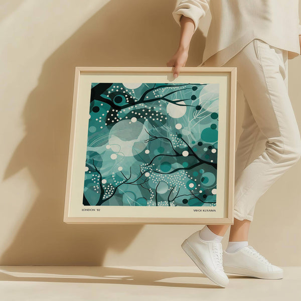 Peaceful living room styled with teal home decor wall print