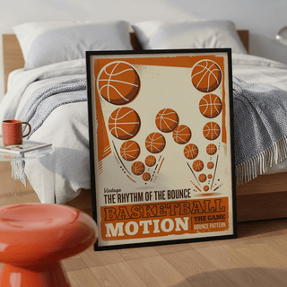 Basketball motion poster with dotted trail details, distressed texture, and large bottom wordmark