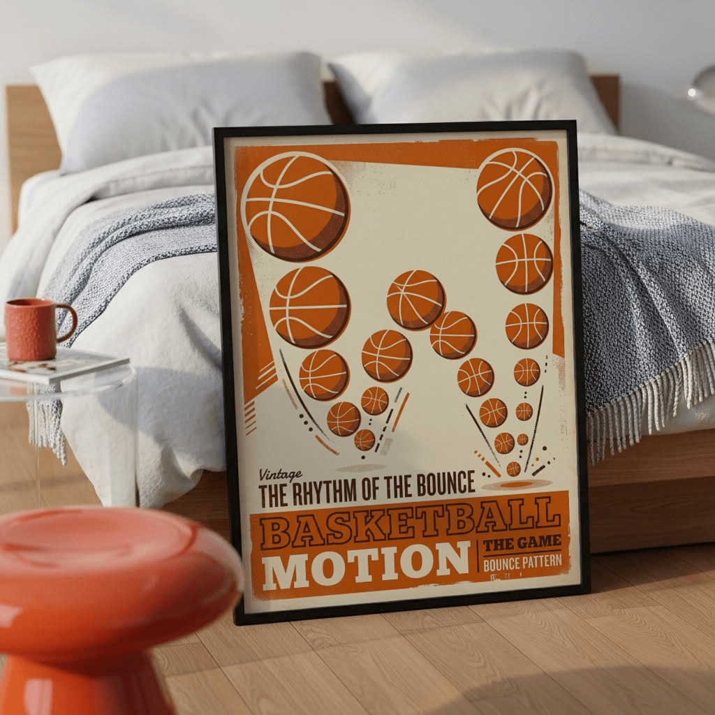 Basketball motion poster with dotted trail details, distressed texture, and large bottom wordmark