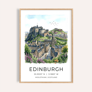 Watercolor Edinburgh skyline poster showing castle, rooftops, and spire wall art