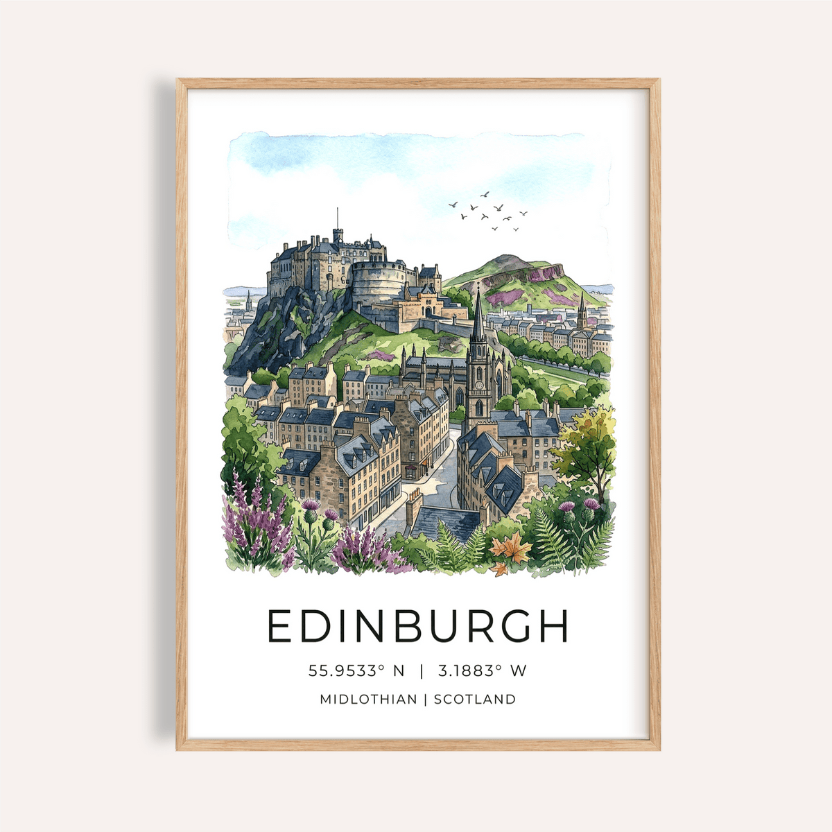 Watercolor Edinburgh skyline poster showing castle, rooftops, and spire wall art
