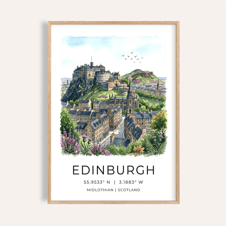 Watercolor Edinburgh skyline poster showing castle, rooftops, and spire wall art