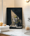 Funny Frog Art Print of a frog on a toilet reading a newspaper in an illustrated bathroom