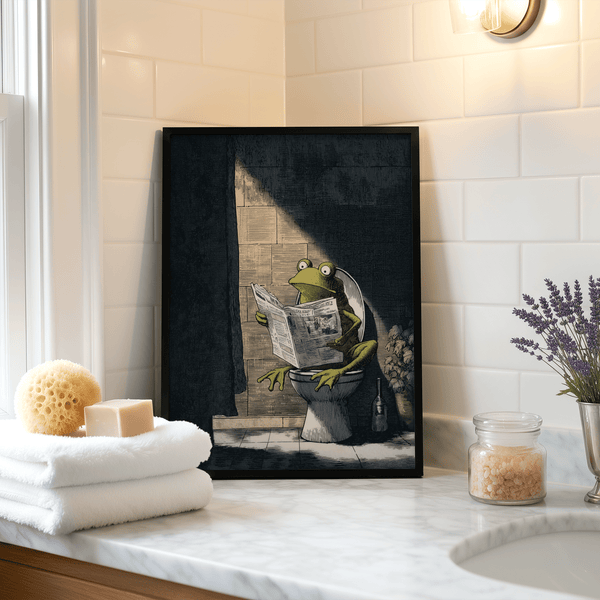 Funny Frog Art Print of a frog on a toilet reading a newspaper in an illustrated bathroom