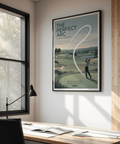Illustrated golf course poster with golfer silhouette, sweeping arc line, flag on green, and water feature
