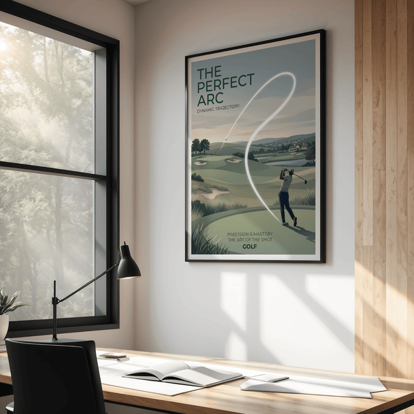 Illustrated golf course poster with golfer silhouette, sweeping arc line, flag on green, and water feature