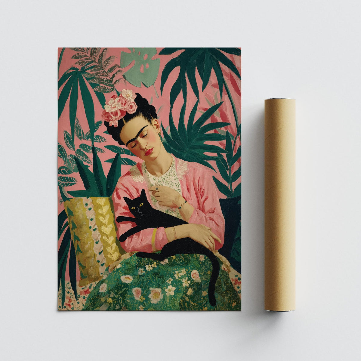 Botanical-inspired Famous Mexican Art featuring Frida with closed eyes.