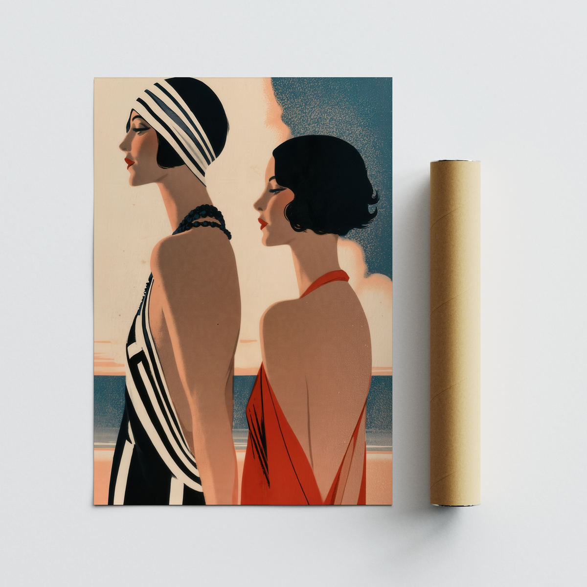 Art Deco Riviera Fashion Print print showing striped swimsuit, swim cap, and seaside background