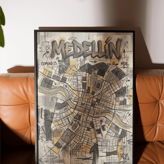 Centered Medellin map poster highlighting Rio Medellin line and dense street grid layout