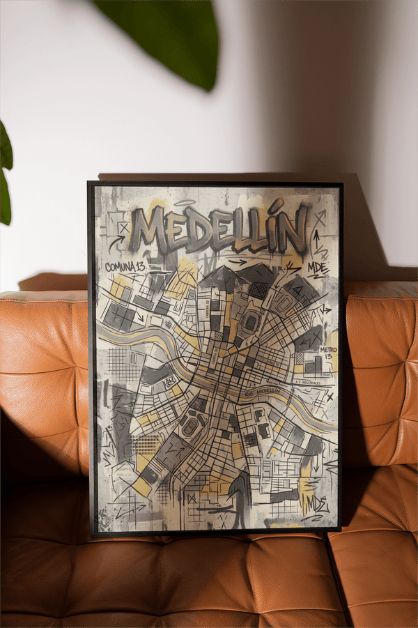 Centered Medellin map poster highlighting Rio Medellin line and dense street grid layout