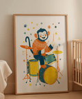 Monkey Drummer Art Print in Multicolored fitting for children's room poster