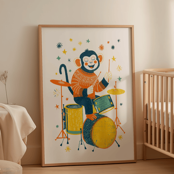 Monkey Drummer Art Print in Multicolored fitting for children's room poster