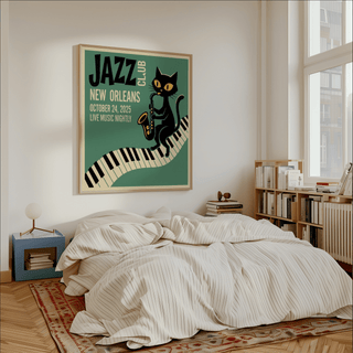 Artistic Jazz Club Art Print, beige-black palette suited for dens