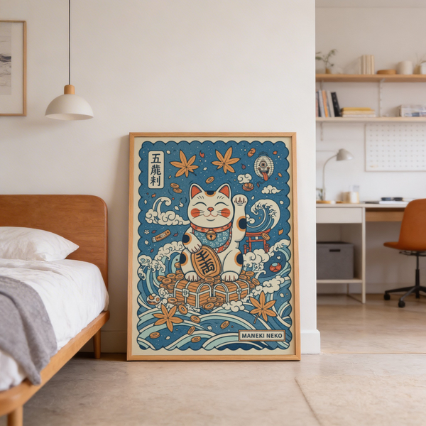 Full Japanese Lucky Cat Print displayed on a neutral wall setting
