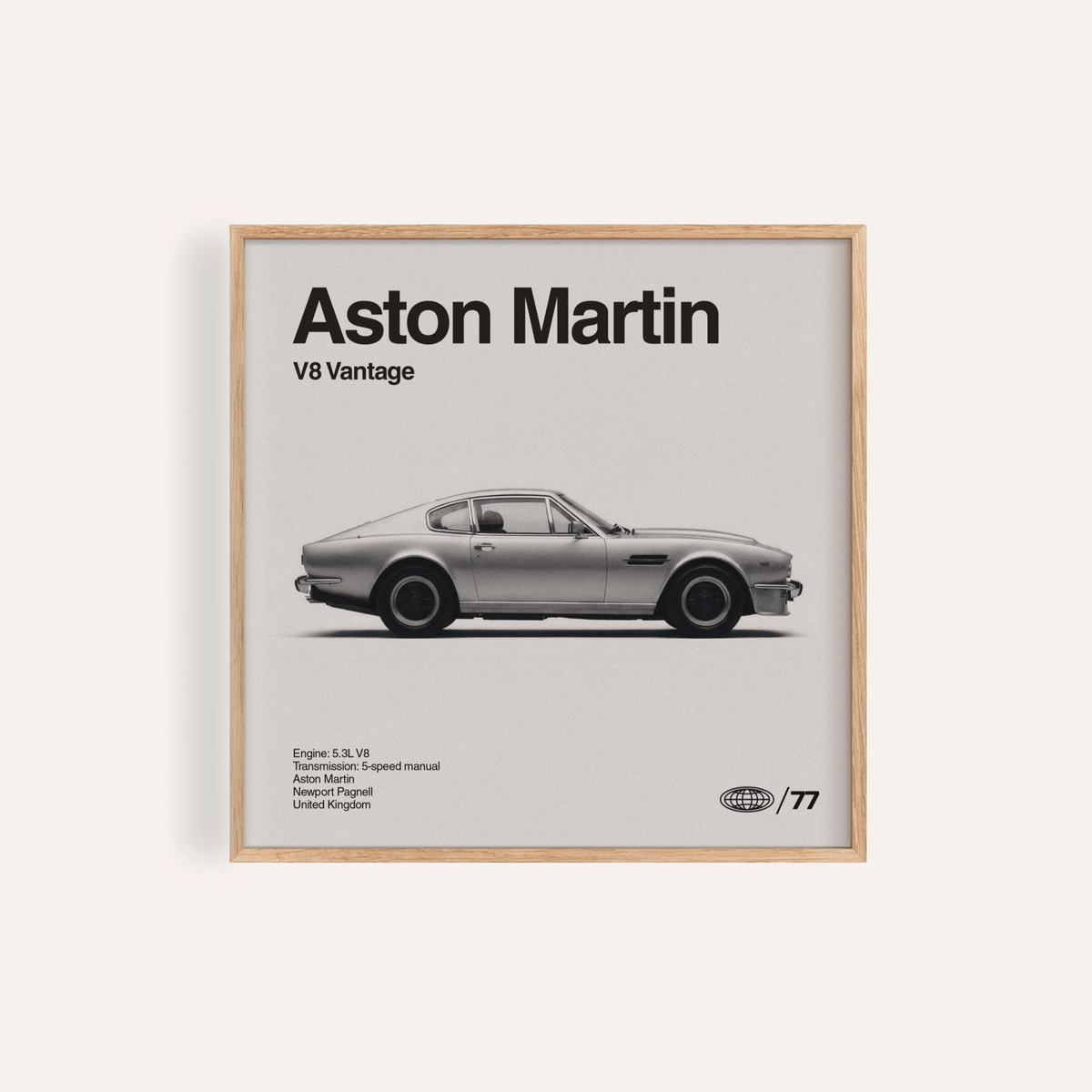 Classic Aston Martin Poster in gray, black and white for living room wall art
