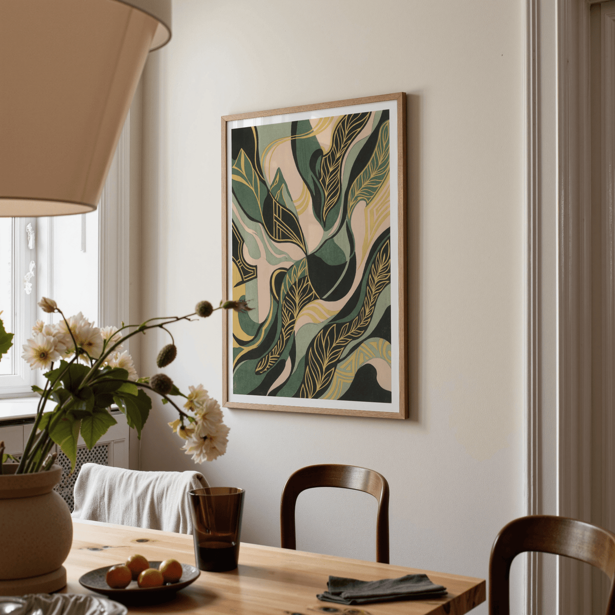 Abstract Leaf Art Print with bold green leaves for entryway wall art