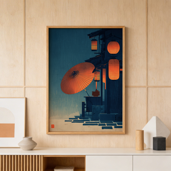 Umbrella and glowing lanterns wall art print in a rainy night alley