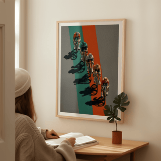 Minimalist cycling race scene poster with five bikes and elongated shadows wall art