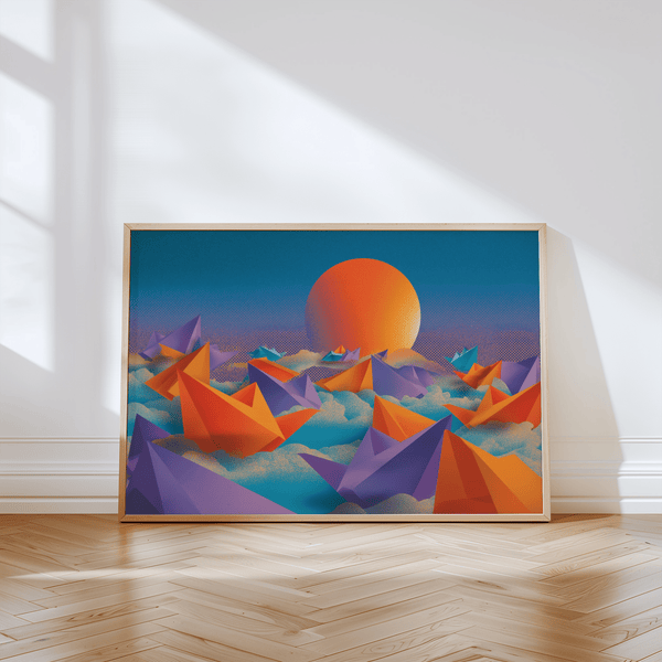 Origami Wall Art, vibrant orange and purple shapes for office wall art