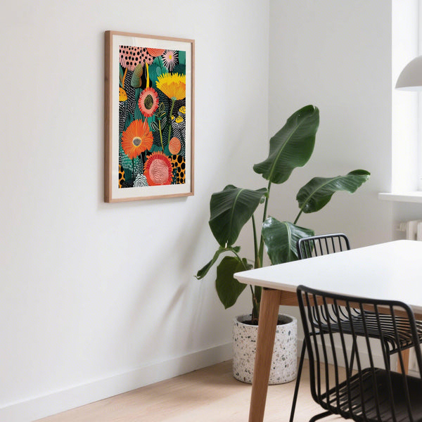 A colorful botanical illustration titled beautiful flower art, with abstract poppy forms.