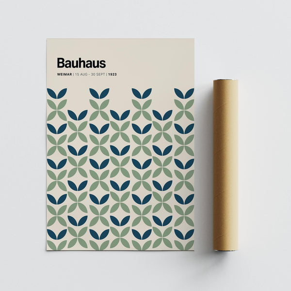 Cream background blue and green wall art with abstract grid structure.