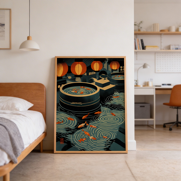 Close view of koi fish in rippling pond wall art print with bold circular waves