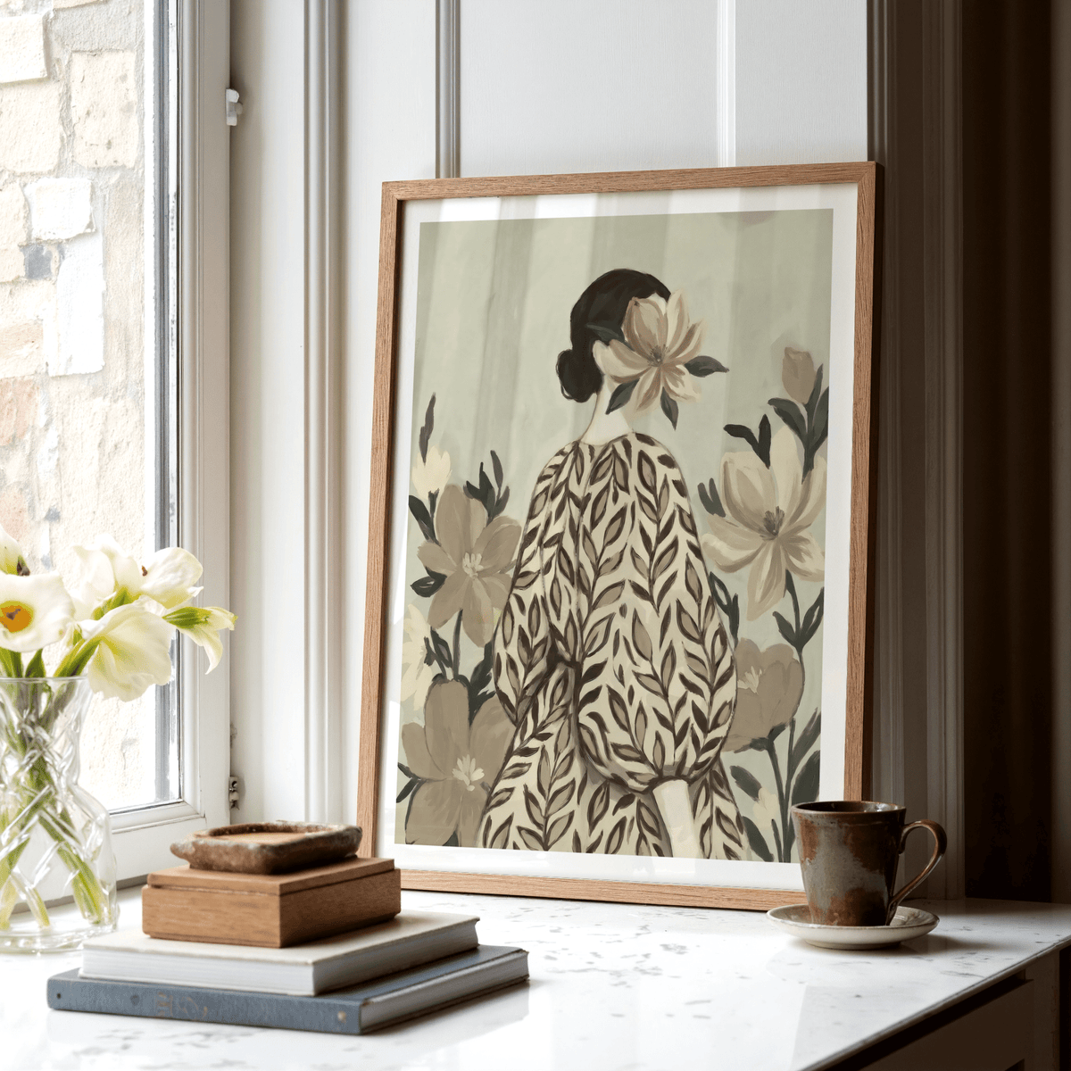 Botanical Portrait Painting wall art in Green hues for a calming office space