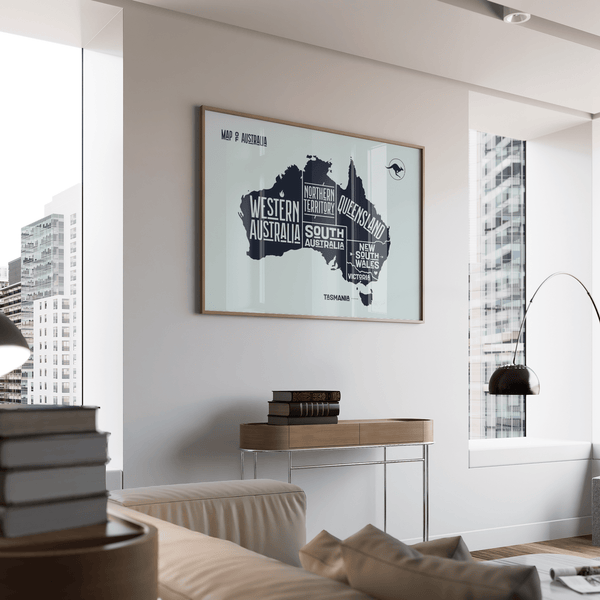 Australia Map Print in blue for stylish art print in office space