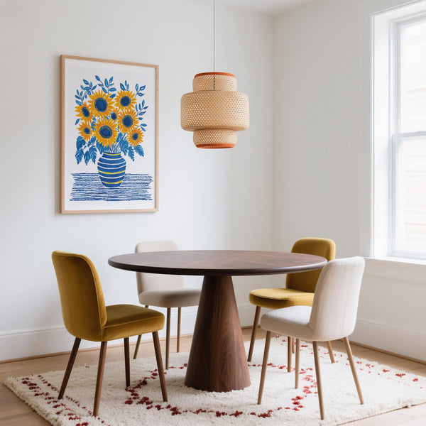 Hand-painted Sunflower Print featuring bold florals and a modern blue-and-yellow palette.