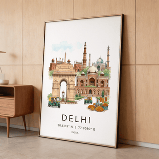 Living room wall featuring framed Delhi Landmark Art Print above wooden console