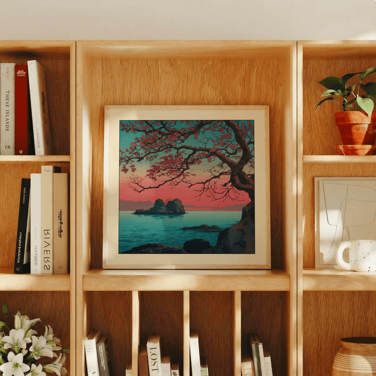 Branching maple limbs against dusk sky coastal art poster